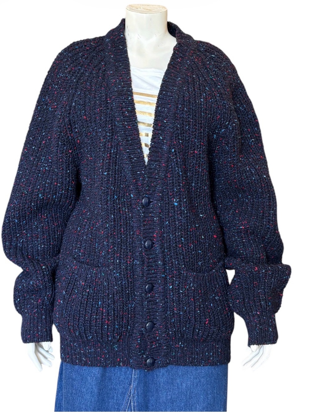 Handmade in Ireland 100% Irish Wool Heavyweight Navy Speckled Chunky Cardigan L